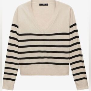 MANGO Cashmere Blend Cream & Black Striped  v-Neck Sweater Womens sz XL